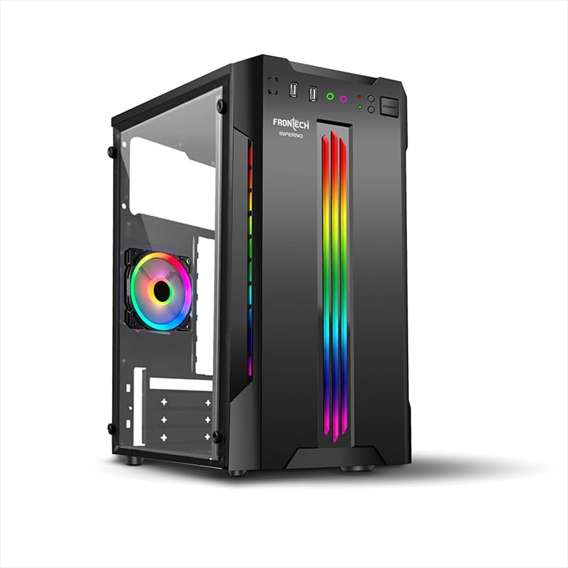 FRONTECH Gaming Computer Cabinet/Gaming Computer Case with 1 x 80 mm LED Fan and Front RGB LED Strip | 1 X USB 1.1 | 1 X USB 3.0| HD Audio (FT 4346, Black)